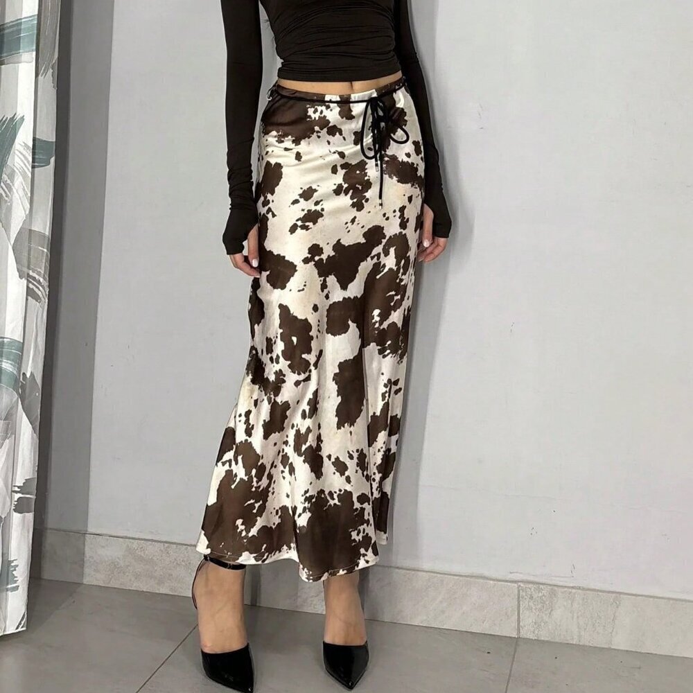Multicolor Casual Women's Elegant Long Midi Satin Skirts with Animal Print - Picture 7 of 8